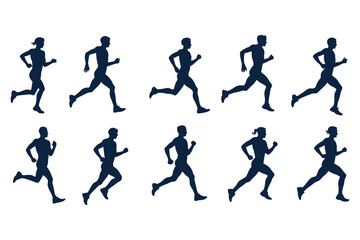 Running and jogging silhouette vector set, side view group of male and female runners

