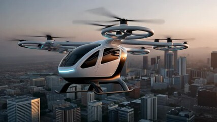 futuristic helicopter aircraft take flight over urban city - Powered by Adobe