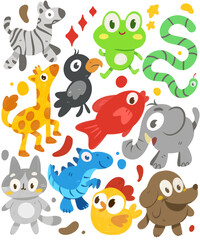 Obraz premium Hand-Drawn Animal Character Set – 12 Cute Cartoon Animals for Kids