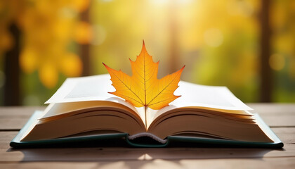 maple leaf placed inside open book outdoors in soft sunlight