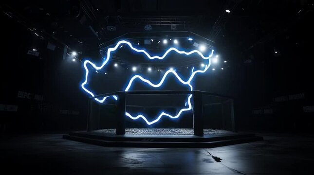 a UFC MMA Octagon ring in the middle. Dark Blue Glowing anime energy and electricity is flowing through the stage. The camera is a steadicam rotating around the Octagon ring to the right

