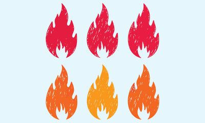 Crayon drawn fire flames icons collection. Hand drawn doodle flames stickers. 
