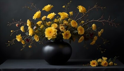 A sophisticated still life of yellow flowers in a striking black vase on a dark surface.