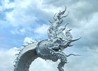Majestic White Naga Dragon Statue Against Cloudy Sky Wat Don Yai 