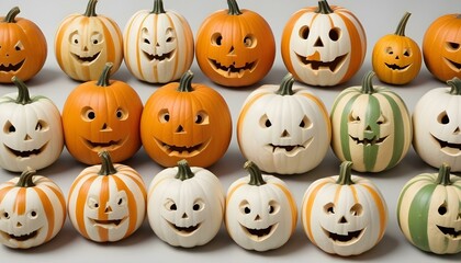 Obraz premium Various carved pumpkins with different colors and happy faces, perfect for the fall season and Halloween decorations.