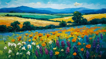 Tableau sur plexiglas Prairie, marais A vibrant oil painting of a rural landscape with rolling hills and wildflower meadows  © MOSTFAOZIA