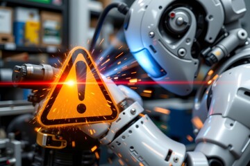 Fototapeta premium Warning Sign Held by Robot: A close-up shot of a robot holding a glowing warning sign in its metallic hand, sparks flying, creating a scene of technological caution and intrigue.