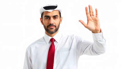Portrait of a man wearing traditional Arab clothing, raising his hand in a gesture, against a plain white background.