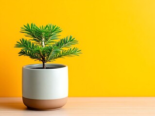 Small potted fir tree against yellow backdrop