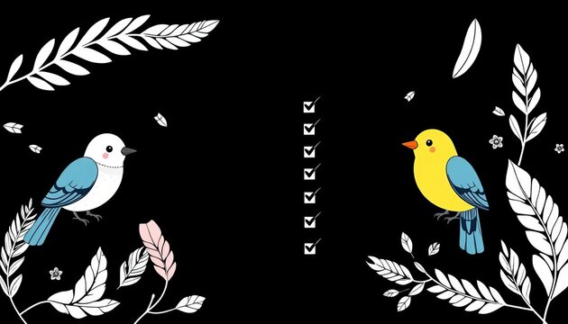 Adorable kawaii birds & feathers adorn a black & white checklist planner for young bird enthusiasts,  organizer,   ornithologist tools