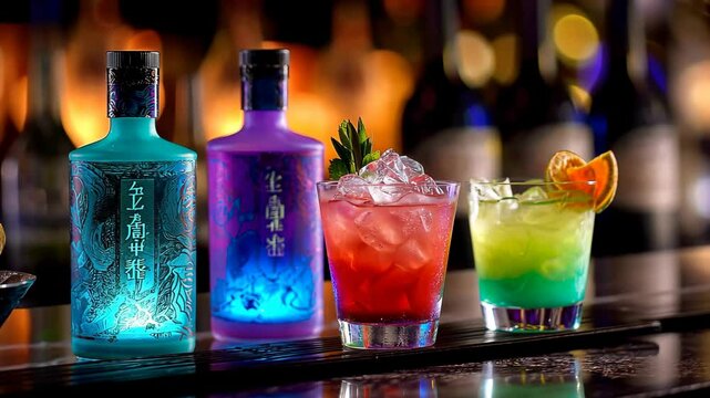 beautiful colorful mocktail on bar with bokeh light background 