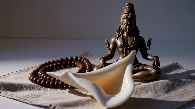 Shiva nataraja statue meditating with shankha and mala beads