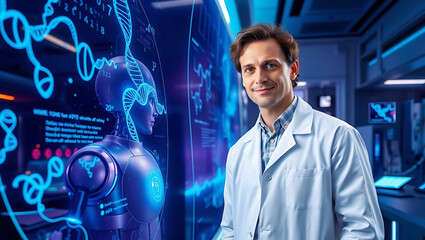 Scientist in High-Tech Laboratory Analyzing DNA and Molecular Structures on Holographic Display – Genetics and Biotechnology Concept