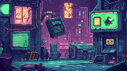 Pixelated cityscape at night, neon-lit alleys.