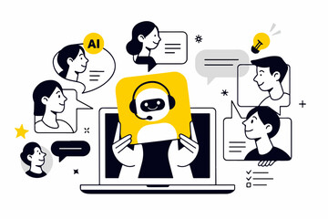 AI Chatbot Customer Support and Virtual Assistant Concept with Happy Customers and a Laptop Yellow and Black Illustration