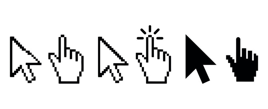vector set of cursors. pointer, pixel, Color full Clicking mouse cursors, computer finger pointers set. classic pixelated computer mouse cursors, including the standard arrow, hand, and click