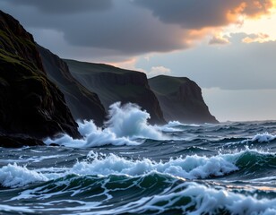 Fototapeta premium a dramatic seascape with crashing waves against a rocky shoreline
