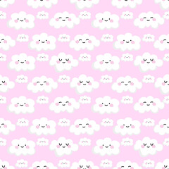 Fototapeta premium Cute smiling clouds on a pink background.