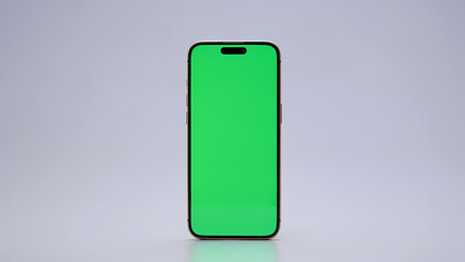 Ai generated image of closeup of a smartphone with a bright green screen, isolated on white background