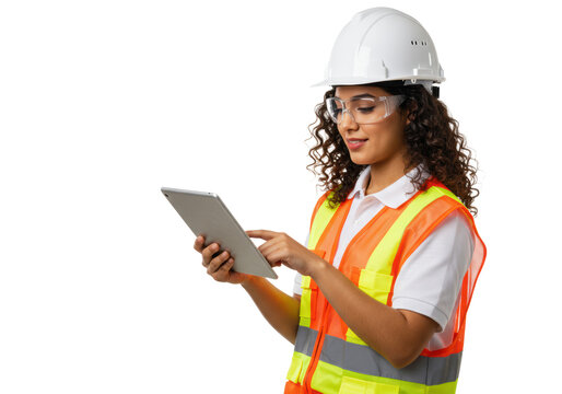 A young adult latin american woman with curly brown hair, wearing a hard hat, safety glasses, and reflective vest, actively using a digital tablet on a clean white background with copy space, concept