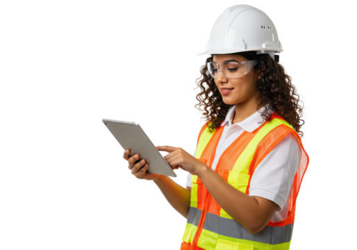 A young adult latin american woman with curly brown hair, wearing a hard hat, safety glasses, and reflective vest, actively using a digital tablet on a clean white background with copy space, concept - Powered by Adobe