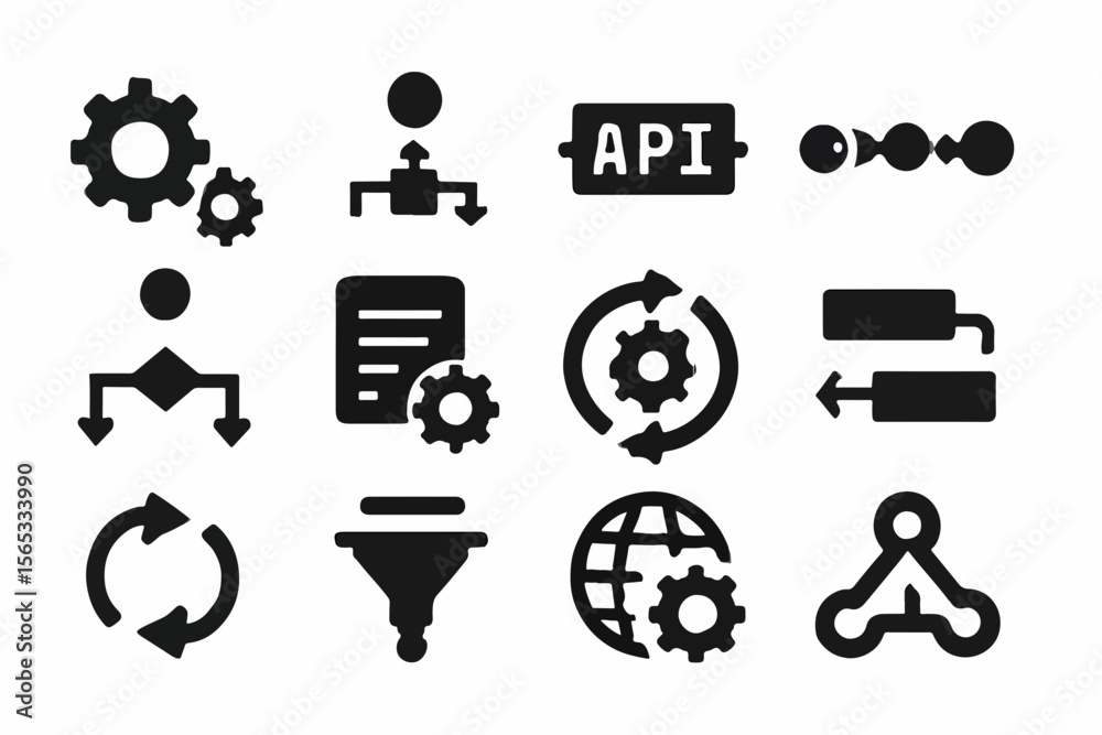 Poster collection of black and white technical icons representing api data flow settings and global configu