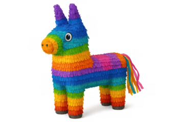 Vibrant rainbow donkey piñata hanging, symbolizing party excitement and cultural festivity