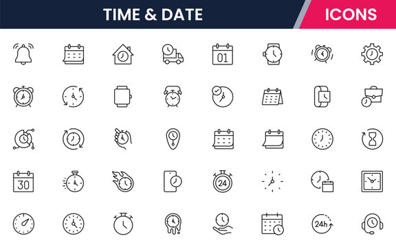 "Vector line icons of clocks, calendars, timers, schedules, deadlines, time zones, reminders, planning tools ideal for apps, websites, and interfaces."