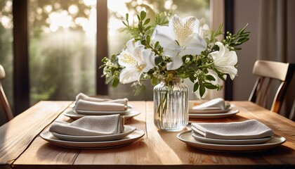Fototapeta premium white flowers adorning glass vase on rustic wooden dining table beside folded linen napkins