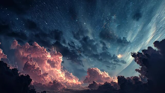 Meteor falling through cloudy sky under celestial sphere 