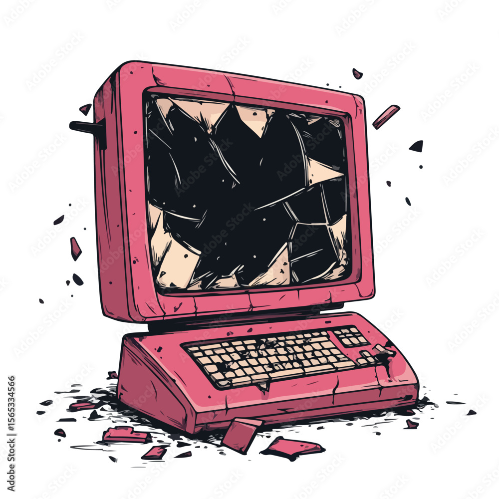 Wall mural colorful cartoon vector of a broken computer being fixed by a hand