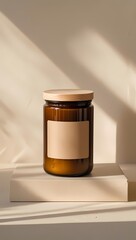 Vertical Still Life of Natural Soy Candle in Amber Jar – Warm Lighting