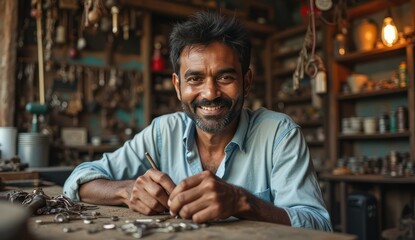smiling indian watch repairman holding antique wristwatch