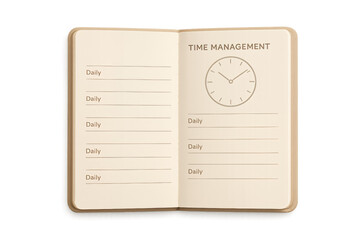 Time management planner with clock and daily scheduling pages isolated on transparent background