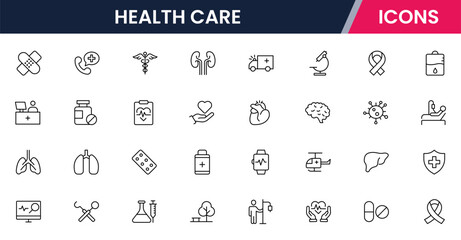 Vector line icons of medical tools, hospitals, doctors, health records, wellness, diagnosis, treatment, and care perfect for apps and websites.