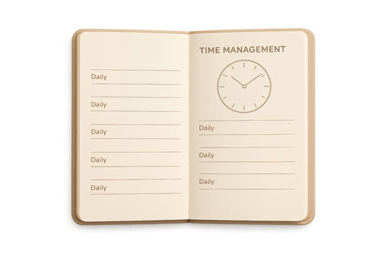 Time management planner with clock and daily scheduling pages isolated on transparent background