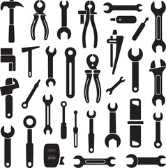 Obraz premium Black Silhouette Toolbox Icons Set with Various Wrenches and Tools