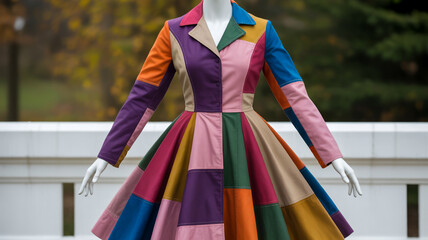 A vintage-style patchwork coat dress displayed on a white mannequin against a blurred outdoor background with autumn foliage.
