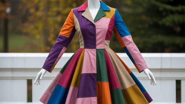 A vintage-style patchwork coat dress displayed on a white mannequin against a blurred outdoor background with autumn foliage.