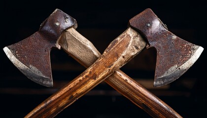 rusty double headed axe wooden handle