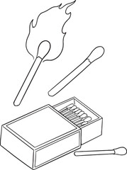 Set of vector illustrations showcasing matches. Includes a lit match with flame, unlit matches, and an open matchbox with matches inside. Perfect for fire safety, camping, or everyday use concepts.
