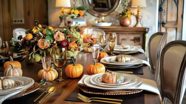 Thanksgiving dining table set with pumpkins and floral centerpiece  