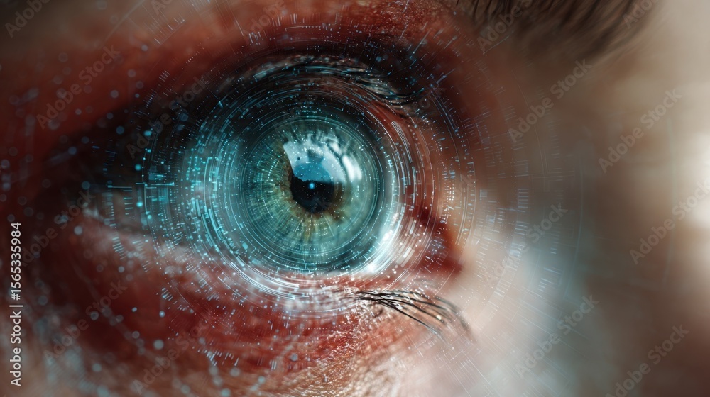 Poster portrait of a womans eye surrounded by a dynamic digital display illustrating a sophisticated biomet