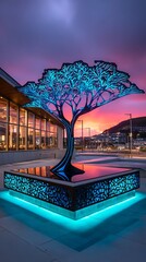Illuminated tree sculpture at dusk