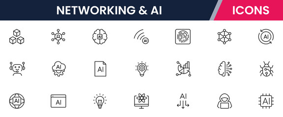 Vector illustration web line icon collection for networking & AI, connections, neural networks, data, and tech symbols in a sleek, modern, innovative design style.
