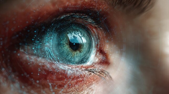 Portrait of a womans eye surrounded by a dynamic digital display illustrating a sophisticated biometric scan. The sleek design integrates abstract data patterns highlighting cybersecurity