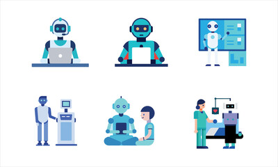 Healthcare Robot Assistant and Medical AI Concept – 6 Modern Hospital and Doctor Scene Illustrations