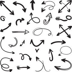 A collection of hand-drawn arrow symbols for versatile design and illustration, perfect as a seamless element or black silhouette icon set