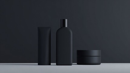 Black matte cosmetic packaging, mockup with three bottles and jars of product standing on the table. Minimalist design. Dark background. Front view.
