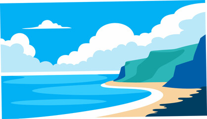 Tropical beach landscape with blue sky, ocean waves, and golden sand, perfect for a summer vacation paradise